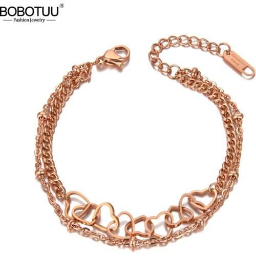 BOBOTUU New Titanium Steel Double Layer Chain & Link Female Bracelets Bangle Bohemia Heart Charm Bracelet For Women BB20057