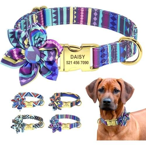 Bohemia Custom Dog Collar Leash Nylon Floral Printed Pet Dog Collar Lead Personalized Puppy Collar for Small Medium Large Dog