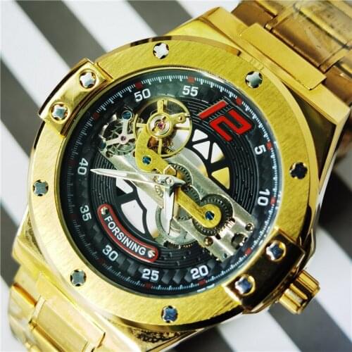 Forsining 2020 Transparent Automatic Mechanical Men Watch Golden Bridge Stainless Steel Band Skeleton Watches Relogio Masculino