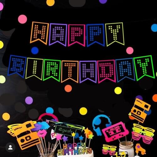 Glow in The Dark Party Decoration Neon Happy Birthday Banner Luminous Paper Pennant Garland for Birthday UV Reactive Glow supply