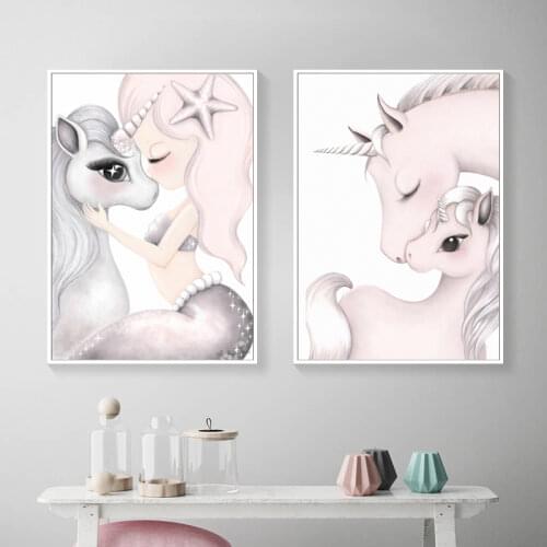 Animal Painting Lovely Cartoon Kiss Horse And Girl Canvas Posters And Prints Nordic Pink Wall Art Pictures For Kinds Room Decor