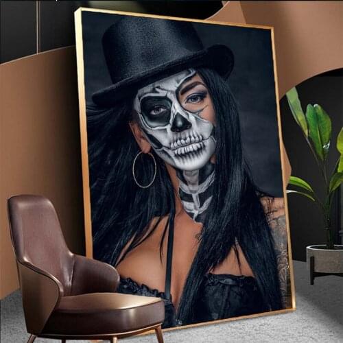 Cool Personality Tattoo Girl Art Poster Character Canvas Prints and Black Hat Skull Woman Wall Pictures for Living Room Decor