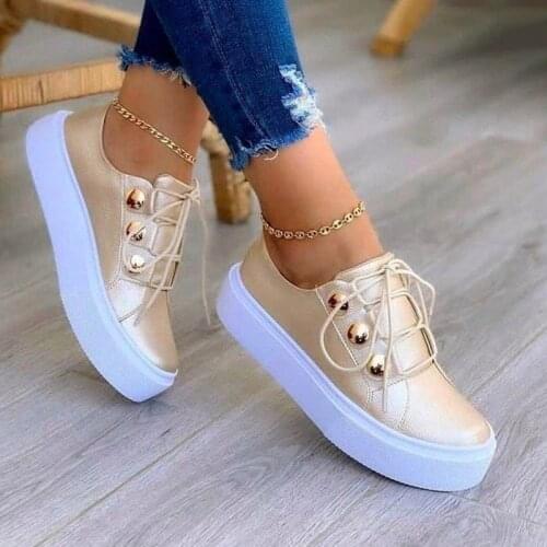 Spring Womens Casual Shoes Leather Lace Up White Ladies Sneakers Thick Soled Metal Decoration Breathable Female Flat Shoes