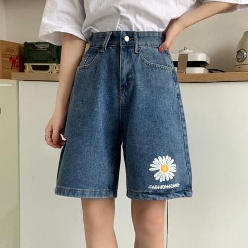 Summer High-Waist Denim Short Women Daisy Print Loose Hole Wide Leg Pants Female Harajuku Casual Jeans Shorts 2021