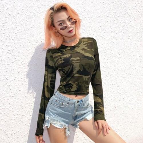 LIBERJOG Women Camouflage T-shirt Sexy Back Hollow Out Long Sleeve Crop Tops Stretch Slim Knitted Tee Spring Autumn Female