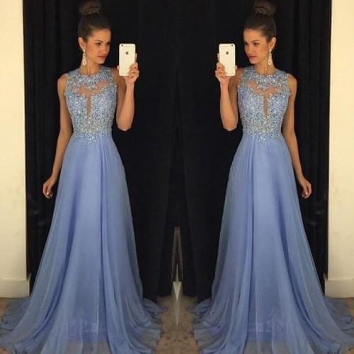 2017 Best Selling Azul Royal Prom Vestido O Neck Mangas Uma Linha com Apliques Beaded Chiffon Customize Partido vestido