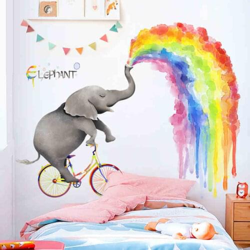 Cartoon Elephant Rainbow Wall Sticker Large Animal Kids Room Decoration Poster Nursery Wall Decals Mural Picture Wall Art