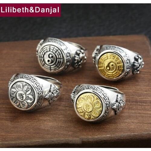 Buddha Rotatable Pure 925 Sterling Silver Vintage Mantra Tai Chi Gossip Men Adjustable Ring fine Jewelry 2020 anillos mujer R36