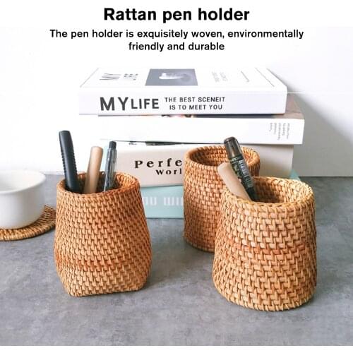 Desk Container Rattan Tube Cutlery Storage Box Wide Use Simple Autumn Rattan Hand Woven Pen Holder Organizer Makeup Brush Holder