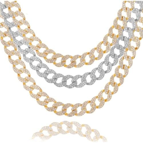 15mm Iced Out Cuban Chain Bling Hip Hop Mens Heavy Necklace Red Black Blue Crystal 2 Tone Gold Color Punk Singer Rap Jewelry A