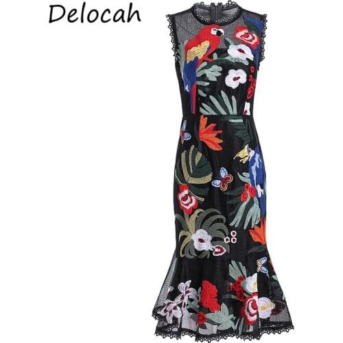 Delocah Summer Women Midi Dress Sleeveless Gorgeous Lace Embroidery Ruffles Elegant Slim Mermaid Female Mesh Dresses vestidos