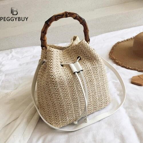 Straw Rope Woven Drawstring Shoulder Pouch Women Fashion Handmade Woven Bohemian Summer Beach Vacation Top-handle Bucket Handbag
