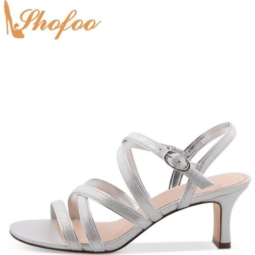 Silver Cross Buckle Straps Vamp And Ankle High Block Heels Sandals Almond Toe Woman Large Size 11 15 Ladies Shoes Casual Shofoo