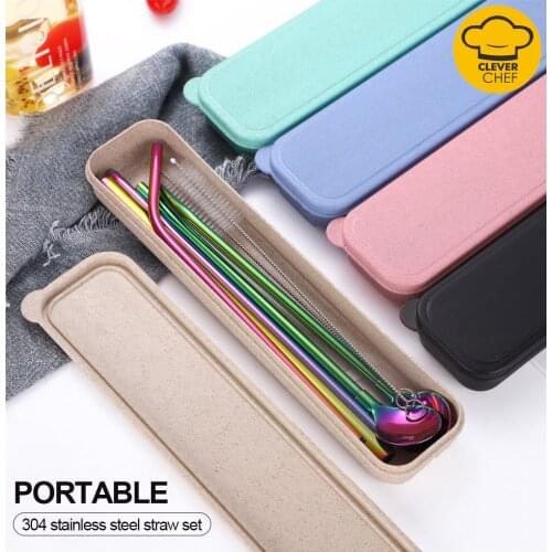 7pcs/set 304 Stainless Steel Straw Set Creative Portable Box Household Environmental Protection Drinking Straw Spoon with Brush