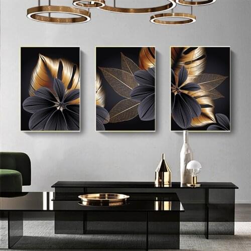 Nordic Modern Luxury Black and Gold Plant Leaf Wall Art Canvas Painting Posters and Prints Wall Pictures for Living Room Decor
