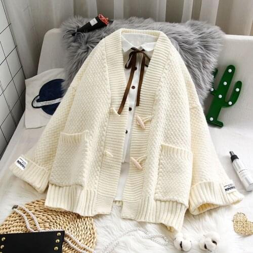 Women Knitted Sweater Vintage V-Neck Autumn Winter Korean Lazy Cardigan Harajuku Solid Color Plus Size Cardigan Knitwear AA5586
