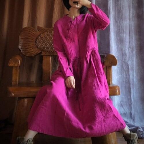 Johnature 2021 Autumn Solid Color Loose Rose Red Dress Linen Casual Vintage New Women Retro O-neck Vintage Buttons Dress