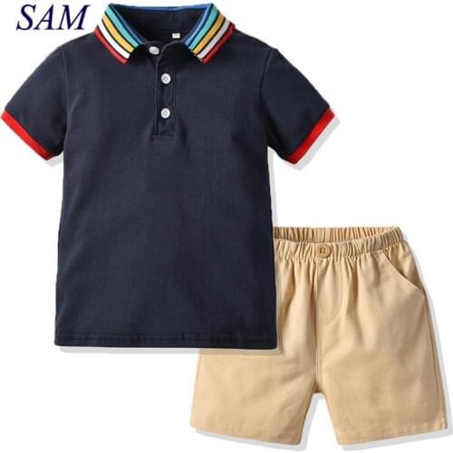 2020 summer baby boys clothing sets rauinbow collar short sleeve tops + shorts 2 pcs clothes for children fashion kids suit