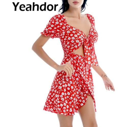 2021 Women Sexy Dresses Summer Streetwear Floral Print Chiffon Off Shoulder Short Sleeves Hollow Out High Waist A-line Dress