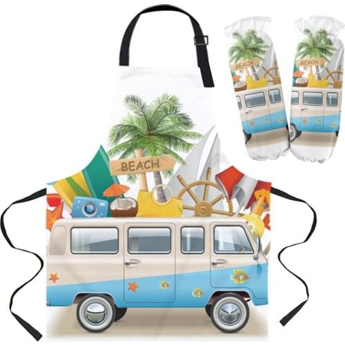 Car Coconut Tree Surfboard Apron Kitchen Household Cleaning Pinafore Barber Apron Cooking Accessories Aprons for Woman