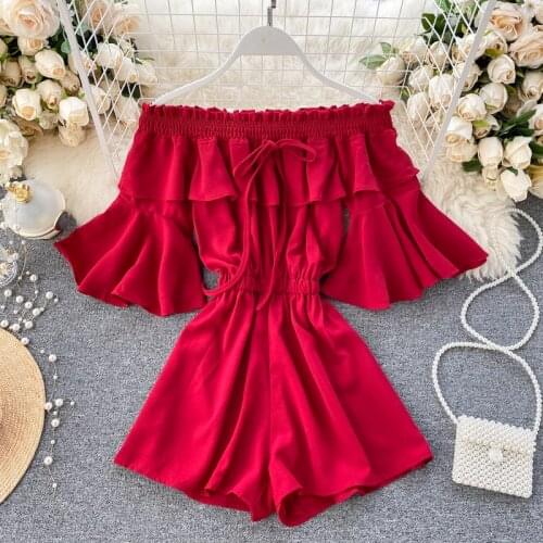 Boho Sexy ruffles 2021 off shoulder Jumpsuit Casual Women flare sleeve rompers Short Summer Playsuit tie Beach Holiday Romper