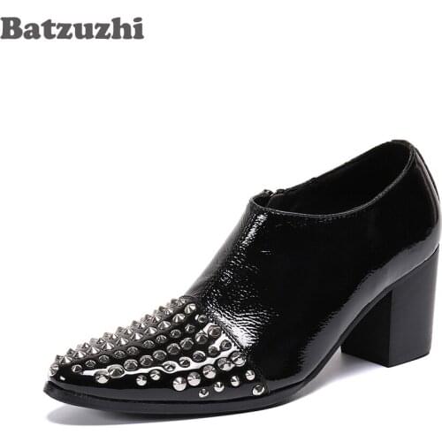 Batzuzhi Black Genuine Leather Ankle Boots 7CM HIGH HEEL Mens Shoes Pointed Toe Rivets Zip Vintage Botas Hombre, Big Sizes EU46