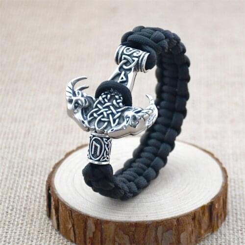 Viking Men Bracelet Stainless Steel Goat Head Camouflage Umbrella Cord Braided Bracelet Scandinavian Runes Nordic Amulet Jewelry