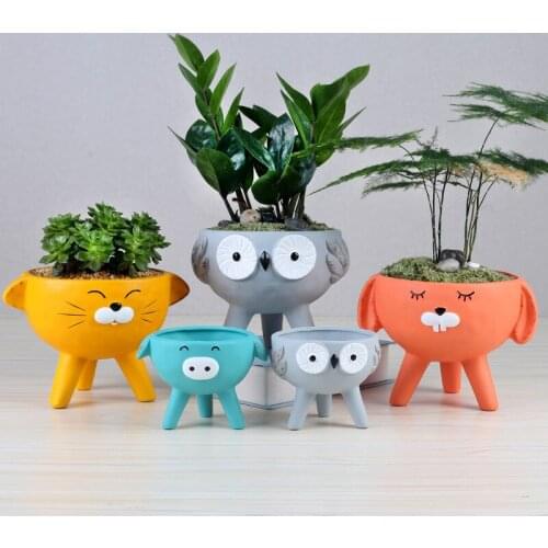 Cartoon Animal Ceramic Flowerpot Owl Rabbit Cat Pig Ceramic Succulent Plant Pot Vase Animal Sculpture Home Garden Decoration
