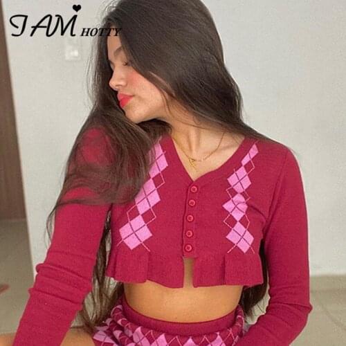 Red Argyle Cropped Cardigan For Women 2020 Knitted Jumper Button-down Sweaters Korean Style Jacket Jersey Female Autumn Iamhotty