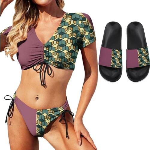 Demon Slayer Anime Bikini Slipper Suit Cosplay High Waist Skinny V Neck Tie Women Swimsuit 3 Piece Swimwear Sandal Summer Merch