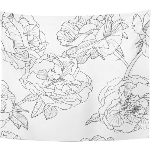 Line Floral Black and White with Outline Rose Flowers Design Linear Tapestry Home Decor Wall Hanging for Living Room Bedroom