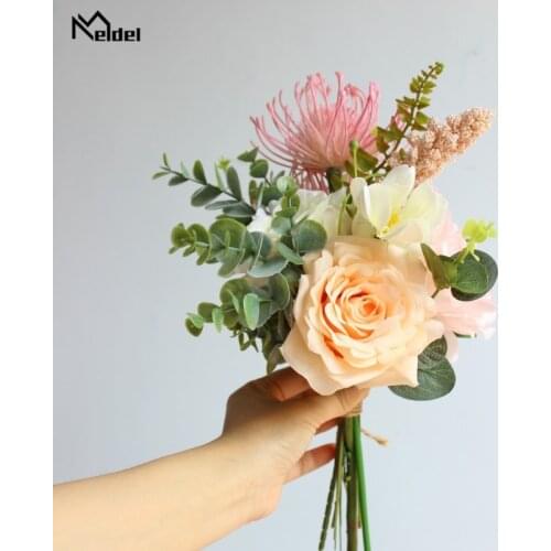 Meldel Wedding Bouquet Marriage Bridal Bouquet Artificial Silk Rose Flower Peony Eucalyptus Leaves Wedding Supplies Wholesale