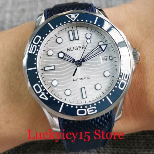BLIGER Brand NH35A Men Watch Surfing Dial Date Glass Back Luminous Index Rubber Band Unidirectional Bezel Ring
