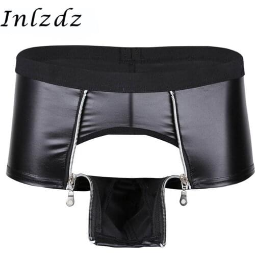 Mens Erotic Lingerie Leather Latex Underwear Zipper Pouch Boxer Briefs Exotic Gay Homme Underwear Bulge Pouch Hot Sexy Panties
