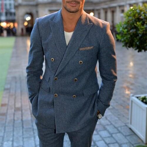 NoEnName Null último abrigo pantalones diseños azul doble Breasted hombres traje Slim Fit esmoquin flaco 2 piezas hombres trajes