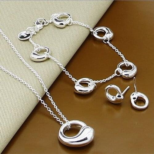 Silver Set 925 Round Beans Necklaces Bracelets Drop Earrings Jewelry Set Wedding Engagement Party Gift