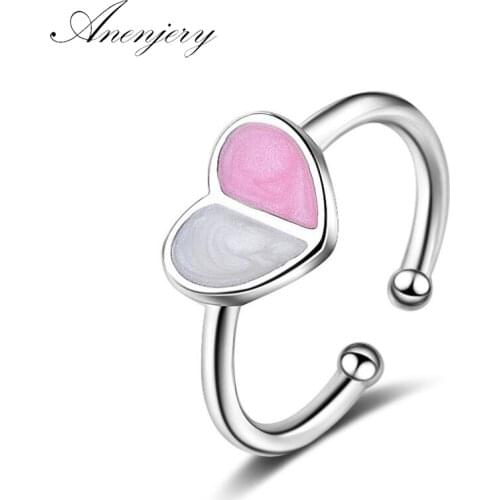 ANENJERY 925 Sterling Silver Summer Jewelry Rings For Women Ice Cream Heart Opening Rings Friend Gift S-R319