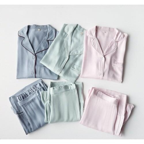 2020 Spring Pajamas set Solid Satin Lapel Long Sleeve Pants Sleepwear 2 pieces Pajamas for Women Sexy satin Casual Home Clothes