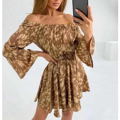 2021 Summer Womens Elastic Neck Short Dress Flare Sleeve Printing Off Shoulder High Waist Elegant Mini Dresses for Party Beach