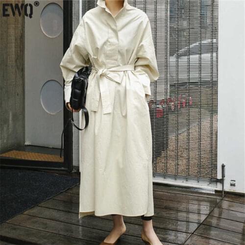 [EWQ] Korea Chic Autumn Casual Trend Women new Solid Lapel Tie Wide Loose Fashion Pocket Long-sleeved Shirt Dress 2021 16E1952