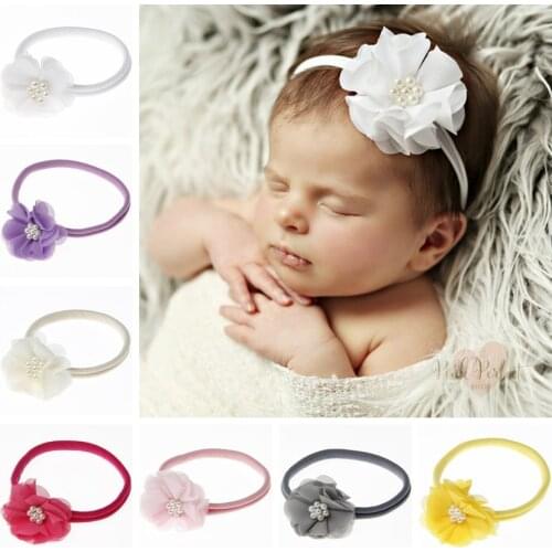 10pcs/lot Chiffon Flower with Pearl Baby Elastic Headband Nylon Newborn Toddler Hair Bands Photography Props Hair Accessories