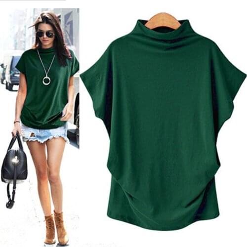 2020 Summer Fashion Loose Womens High Neck Top Bat Sleeve Casual Short Sleeve T-shirt Street Womens Solid Color Plus Size S-5x