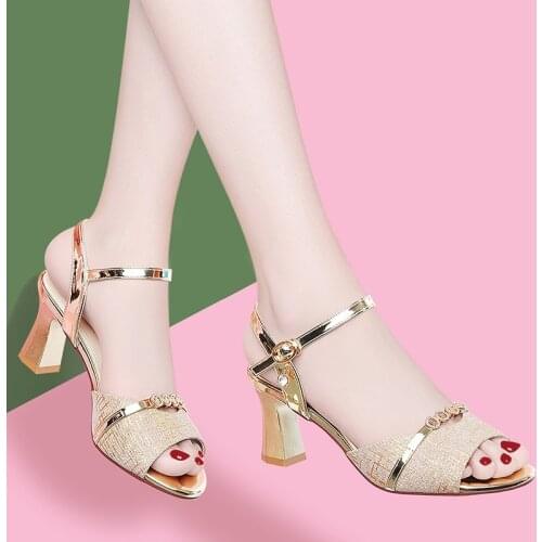 2021 Ladies Sandals Shoes Women L Luxury High Quality Sandals Ankle Mid Heel Block Party Open Toe Square Shoes Zapatos De Mujer