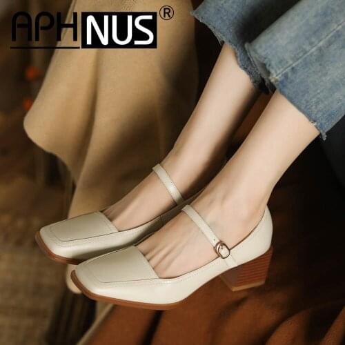 APHNUS Womens Shoes Cow Leather Mid High Heels Pumps Mary Janes Woman 2021 Shoes For Women New