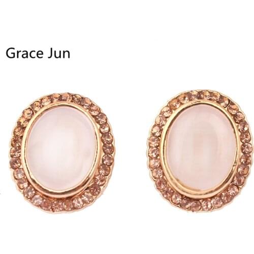 Grace Jun Top Quality Rhinestone Opal Geometric Clip on Earrings No Pierced for Womem Charm Jewelry No Ear Hole Earrings New