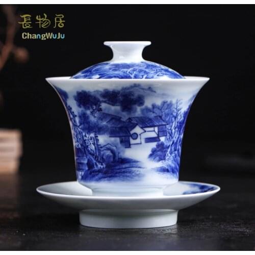 Changwuju in Jingdezhen Cups the grey galzed blue and white tea cup with cover painted by Jinhongxia firing in the firewood kiln