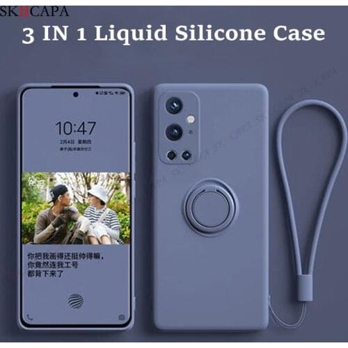 Soft Liquid Silicone Ring Stand Protective Case For Oneplus 9 Pro Candy Color Wrist Strap Shockproof Cover For One Plus 8 Pro