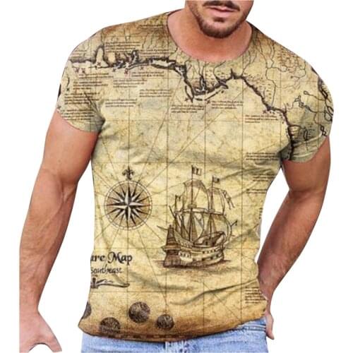 55# Mens Printed T-shirt Map Distressed O Neck Short Sleeves Retro T Shirt For Men Camisetas Harajuku Clothes Tops Streetwear