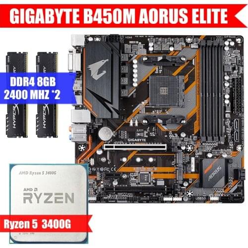 GIGABYTE B450M AORUS ELITE & AMD CPU Ryzen 5 3400G & Kingston DDR4 8GB*2 Combination Kit M.2 USB3.0 Socket AM4 M-ATX/5900X/5800