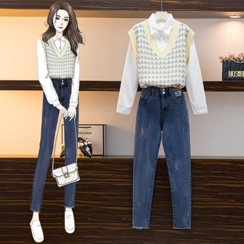 Spring Autumn Women Sets 3 Pieces Outfits Elegant Fashion Office Ladies Simple All-match Shirt Retro Knitted Vest Slim Jeans